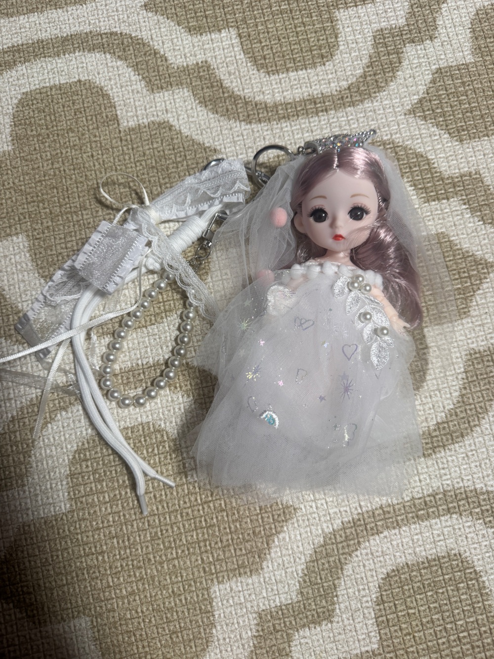 White Pearl-Laced Doll Keychain Bag Charm